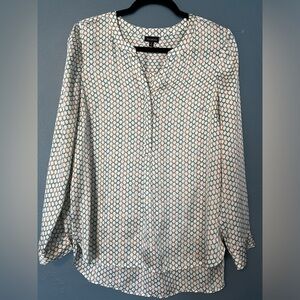 Talbots blouse, blue and silver crescent design. Loose-fitting. Sz Medium